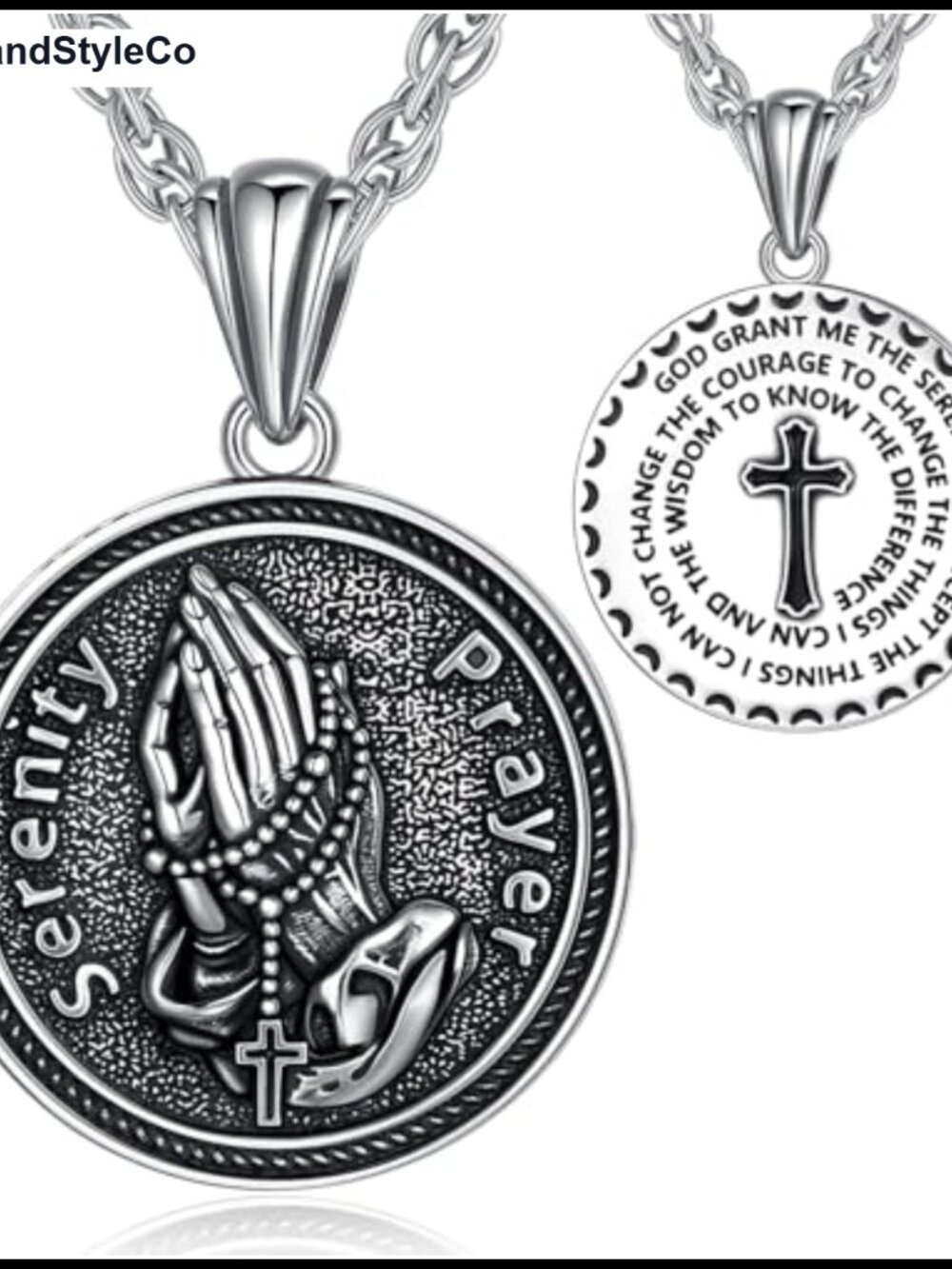 Sterling Silver Praying Hands Serenity Prayer Necklace - Double Sided Christian